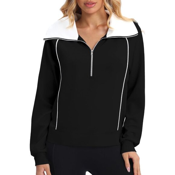 Womens Fashion Half Zip Oversized Sweatshirts Contrast Zipper Pullover Hoodies - Picture 1 of 6